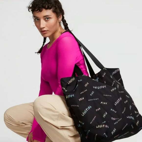 NWT! VICTORIA'S SECRET MULTI-COLORED BLACK LOGO TOTE - Picture 3 of 7